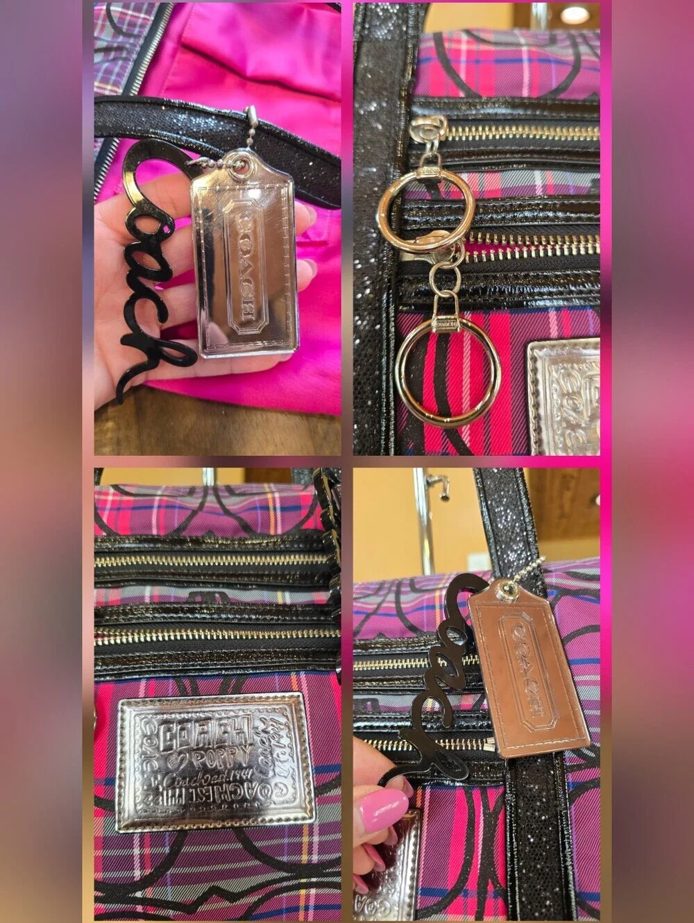 Coach Poppy Tartan Glam Purple Magenta Black Tote Bag And Wristlet   Set